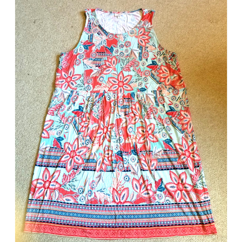 Womens Dress-J. JILL-pink/blue floral rayon stretch knit shift BOHO lagenlook-XL